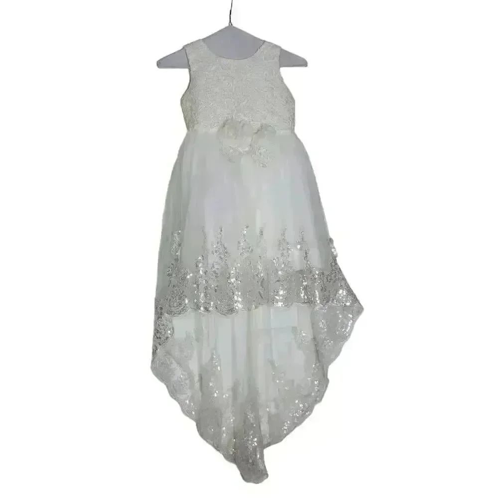 Flower Girl White Hi Lo Silver Sequined Flower Waist Long Train Wedding Dress